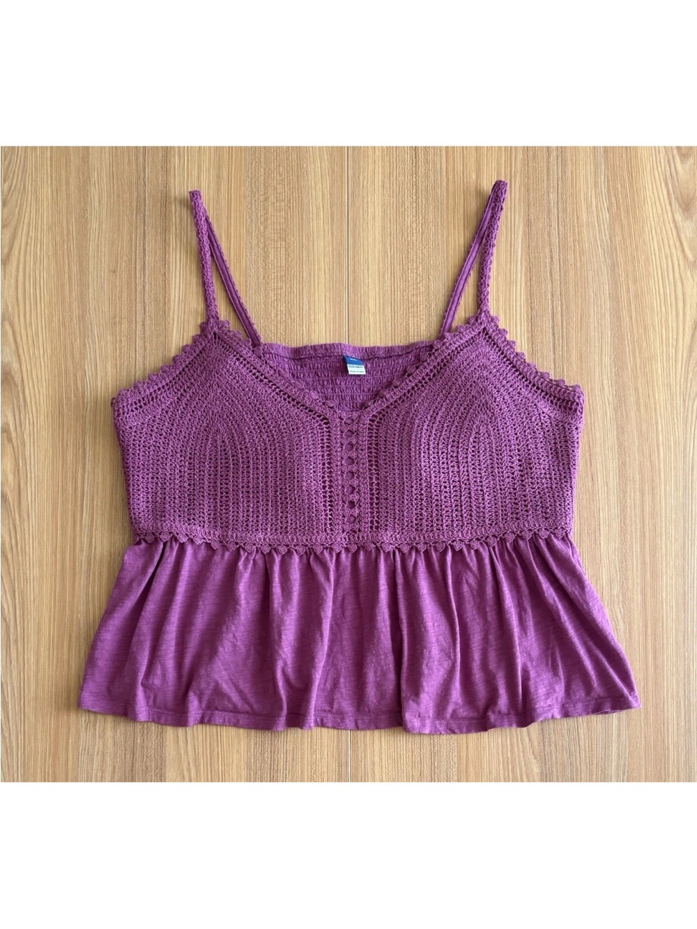 Old Navy Crochet Knit Smocked Babydoll Cami Top Womens XXL Purple Coquette Indie